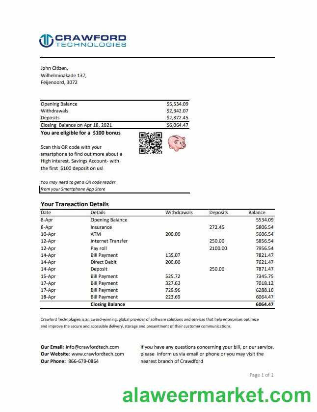 Netherlands (Holland) Crawford Technologies Bank statement easy to fill template in Excel and PDF format